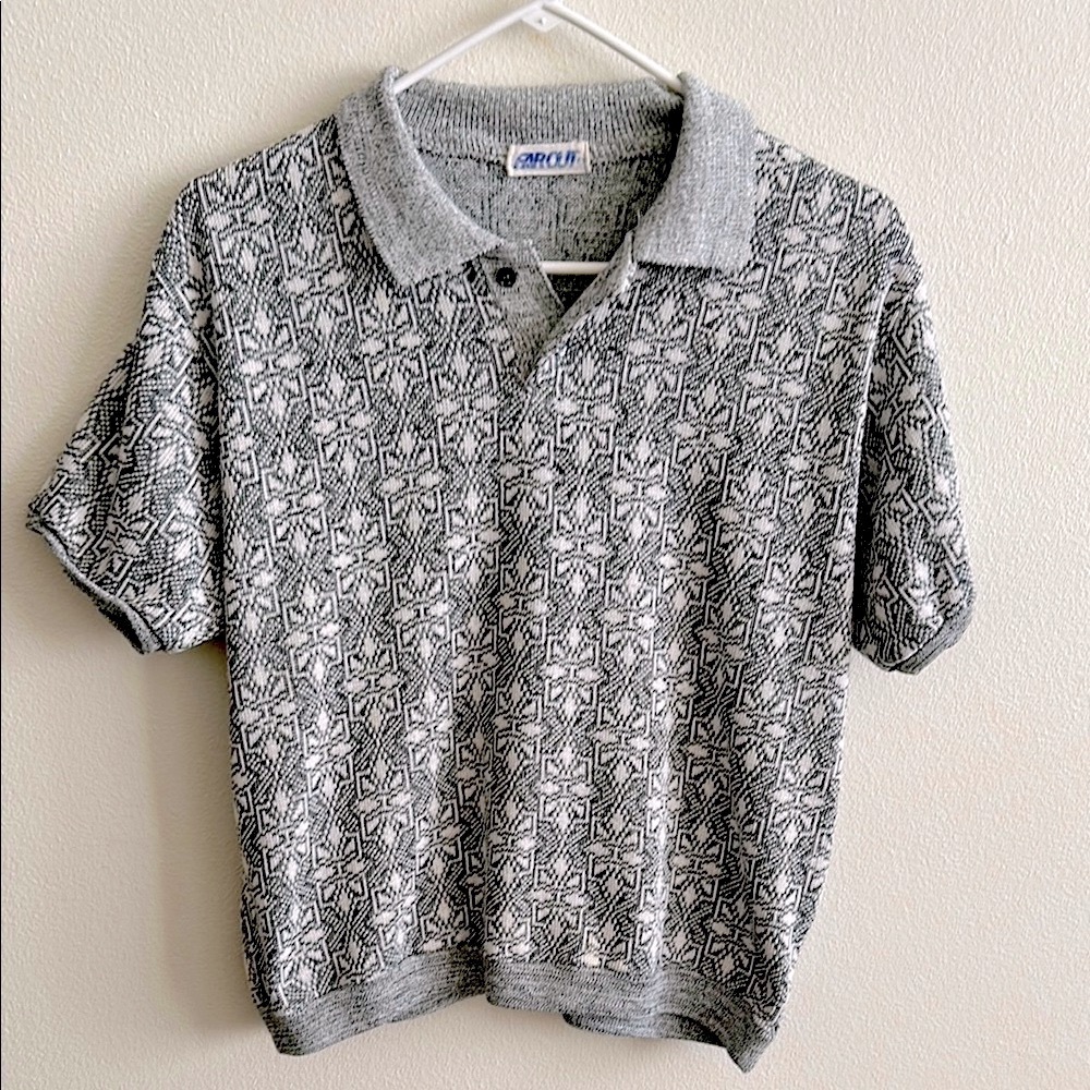 Vintage Gray/White Textured Jacquard Heavyweight Knit Retro Top